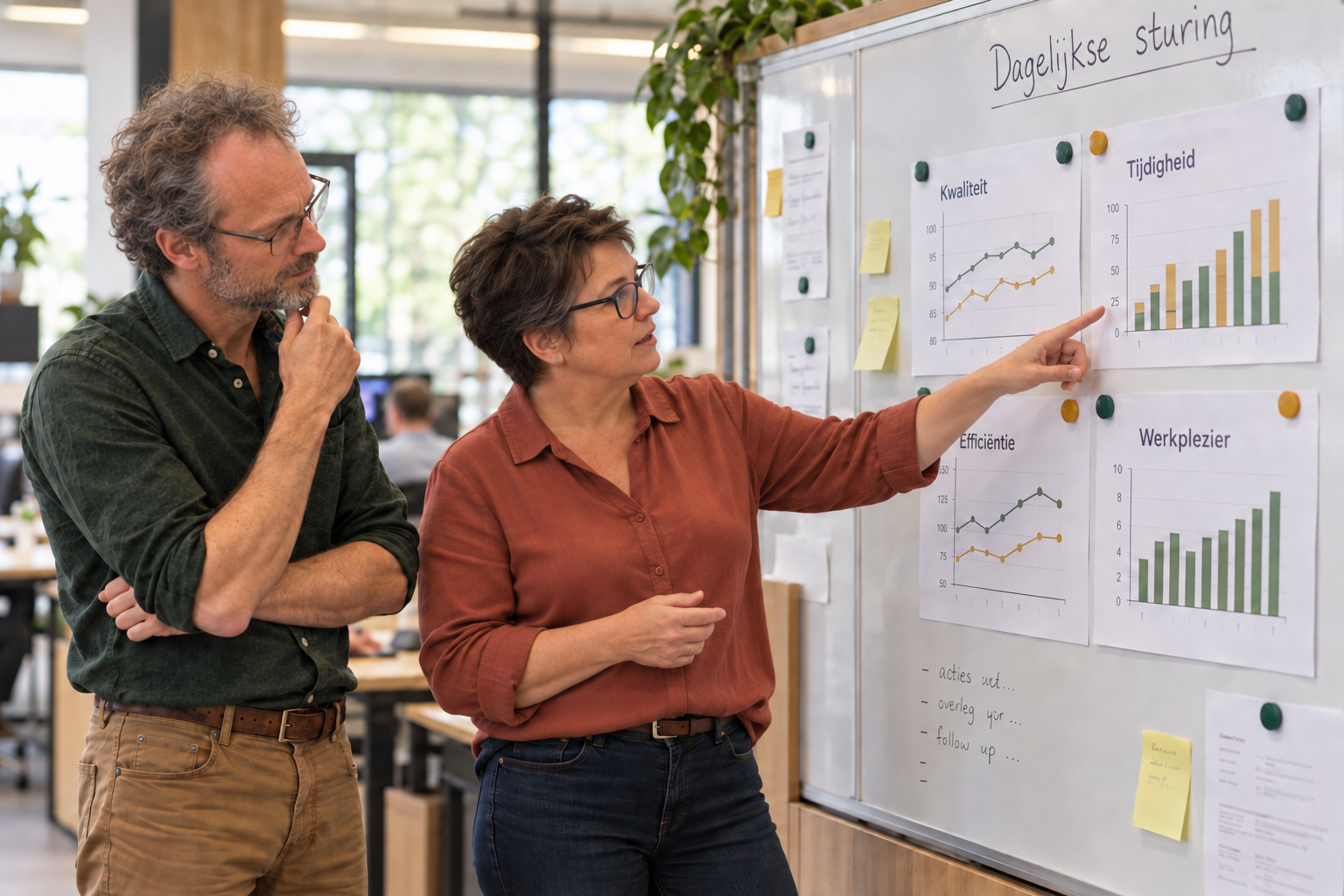 David en een leidinggevende onderzoeken kwaliteit, tijdigheid, efficiëntie en werkplezier bij een managementbord.