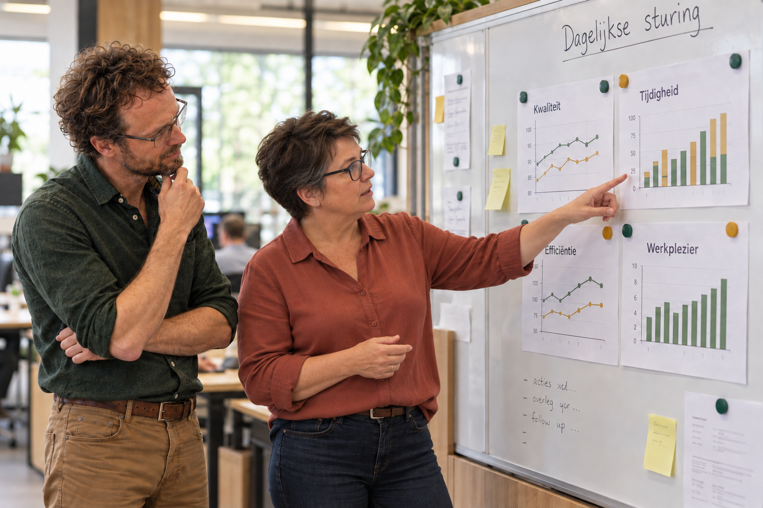 David en een leidinggevende onderzoeken kwaliteit, tijdigheid, efficiëntie en werkplezier bij een managementbord.