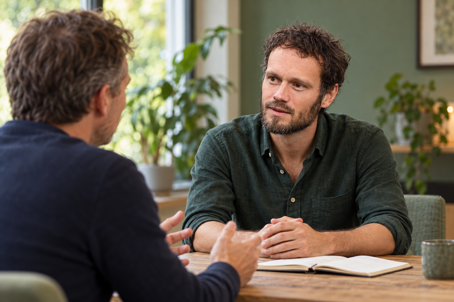 AI-sfeerbeeld van David van Elk in een coachgesprek.