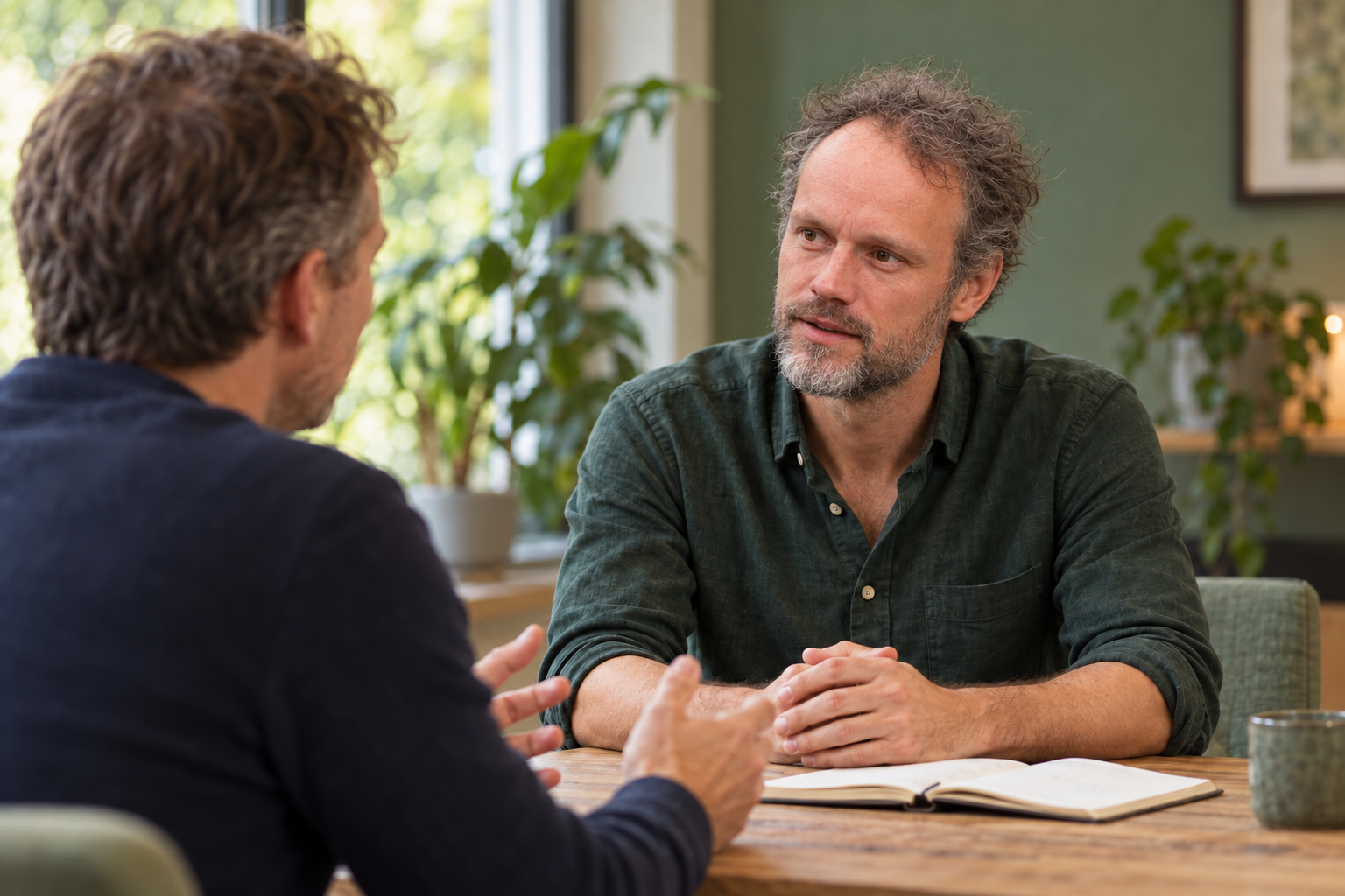 David van Elk luistert tijdens een coachgesprek.