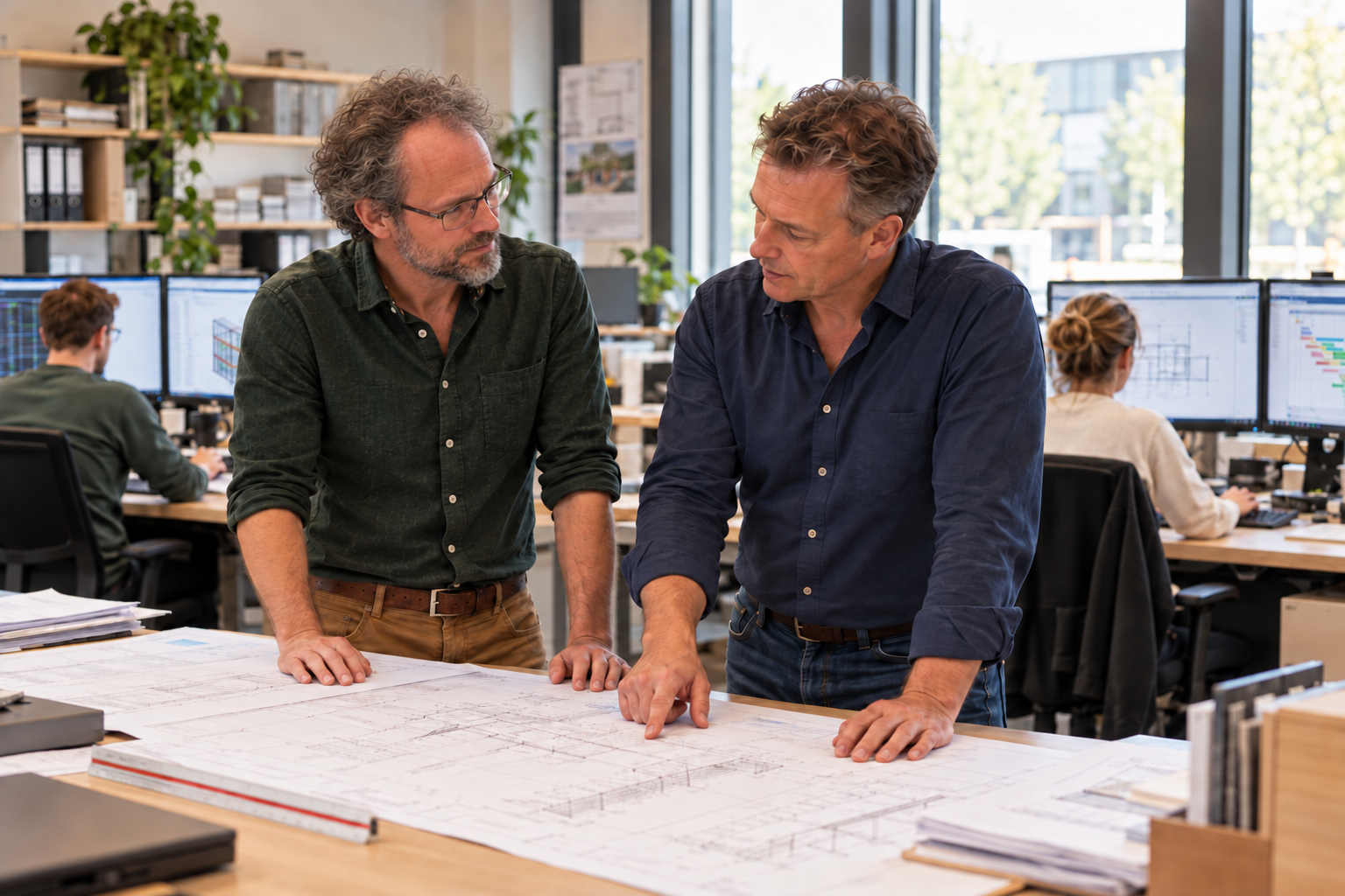 David coacht een leidinggevende bij technische tekeningen op de werkvoorbereiding.
