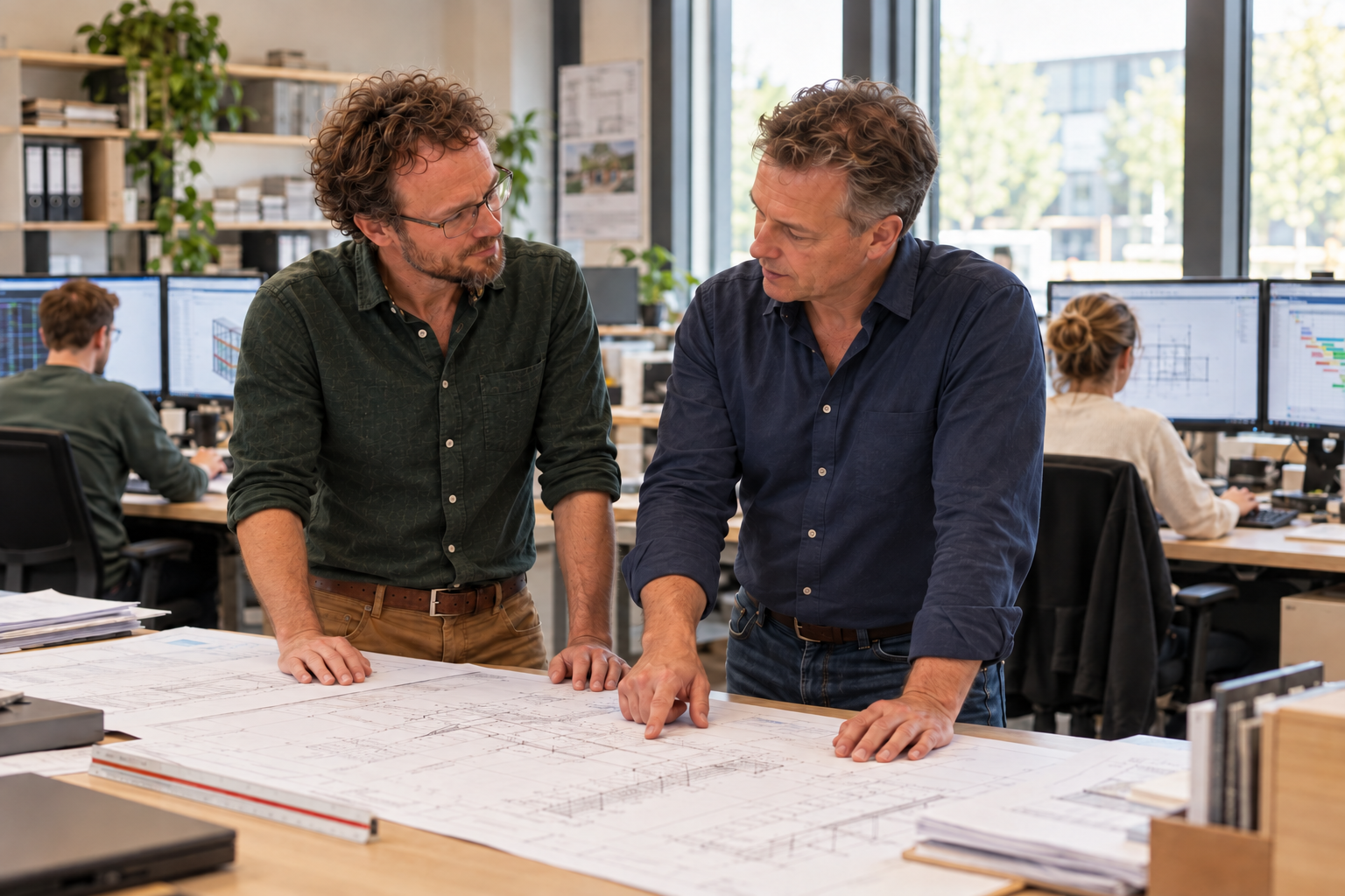 David coacht een leidinggevende bij technische tekeningen op de werkvoorbereiding.